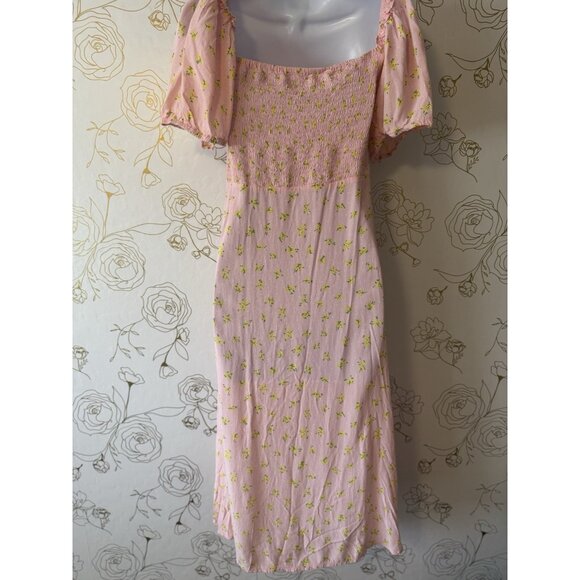 Faithfull the Brand Dress Size 6 Medium Pink Daisy Floral Puff Sleeve  Midi 036 - Picture 4 of 8
